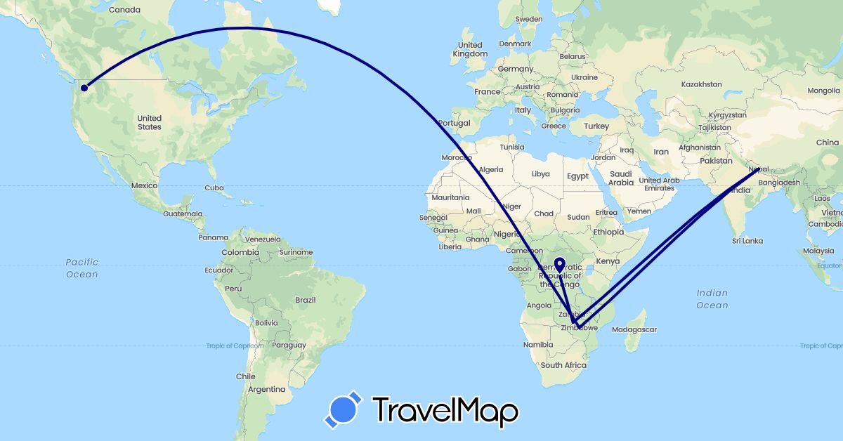 TravelMap itinerary: driving in Democratic Republic of the Congo, Nepal, United States, Zimbabwe (Africa, Asia, North America)